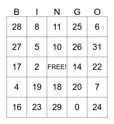 Number Bingo Card