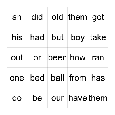 sight words BINGO Card