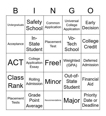 College Admission Lingo Bingo Card