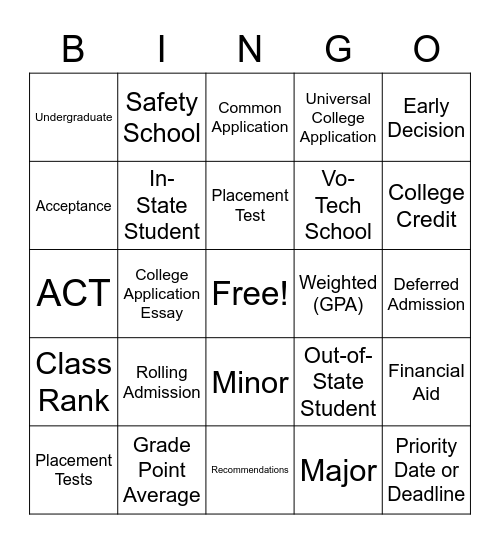 College Admission Lingo Bingo Card