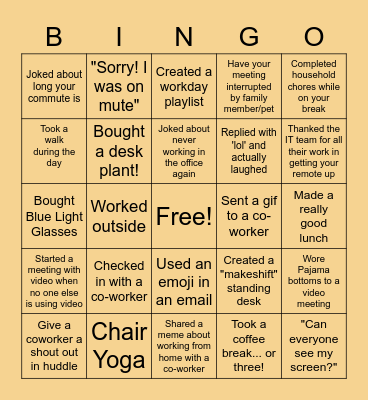 Remote Work Bingo Card