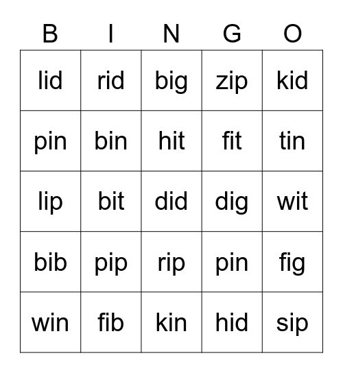Short I  BINGO Card