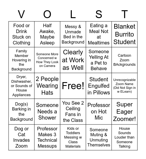 VolState Zoom Class Bingo - Fall 2020 Bingo Card