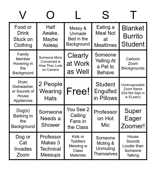 VolState Zoom Class Bingo - Fall 2020 Bingo Card