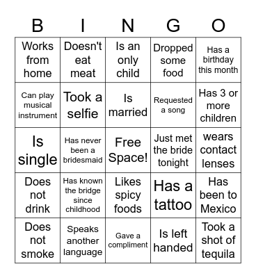 Bachelorette Ice Breaker Bingo Card