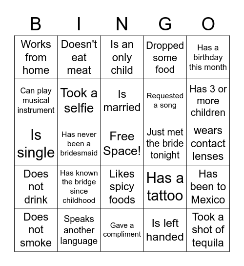 Bachelorette Ice Breaker Bingo Card