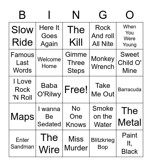 Rock Band & Guitar Hero Bingo Card
