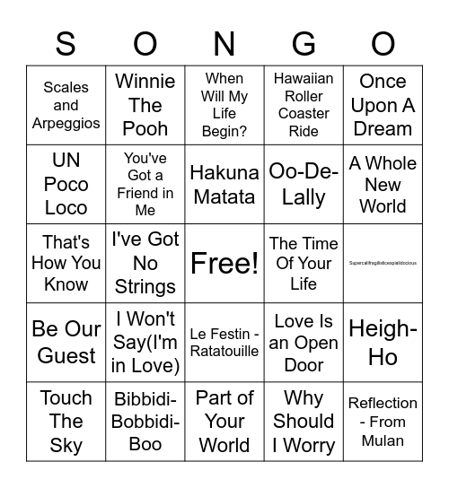 Disney & Pixar Bingo Card