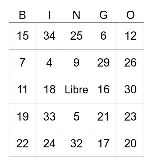 Los números en español (1-35) Bingo Card