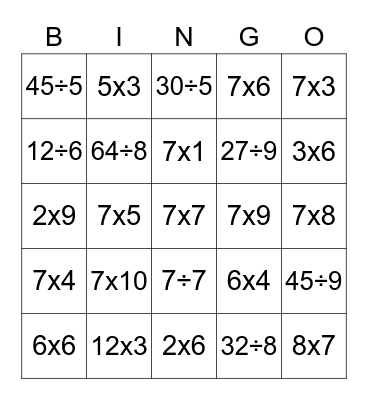 Multiplication and Division Facts Bingo Card