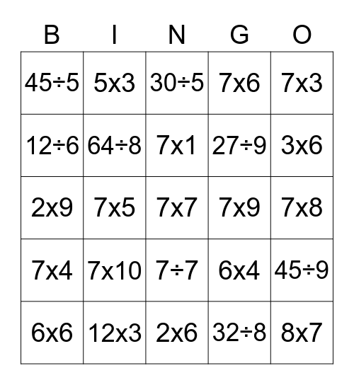 Multiplication and Division Facts Bingo Card