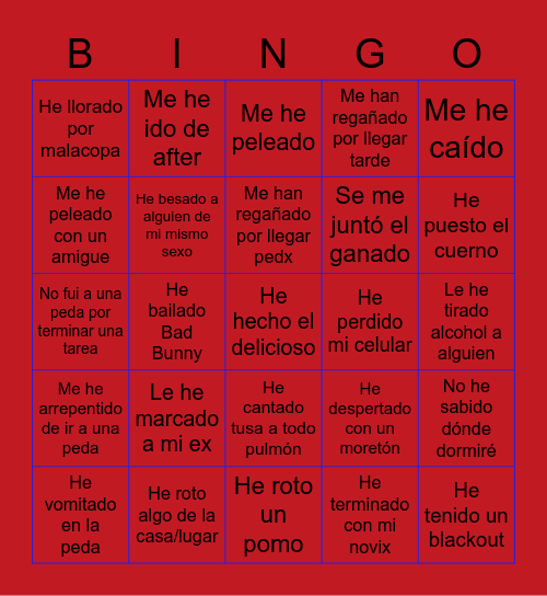 Bingo en la peda Bingo Card