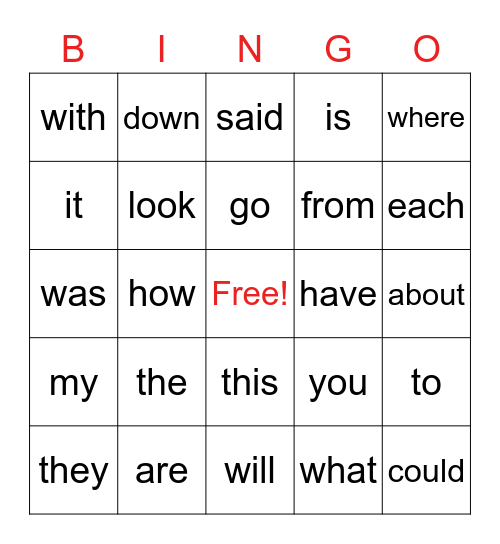 Sight word bingo Card