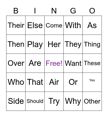 Sight Words Bingo Card