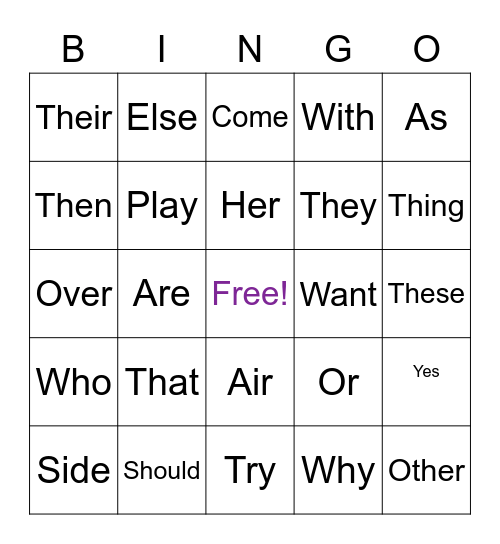 Sight Words Bingo Card