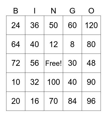 Multiplication Bingo Card