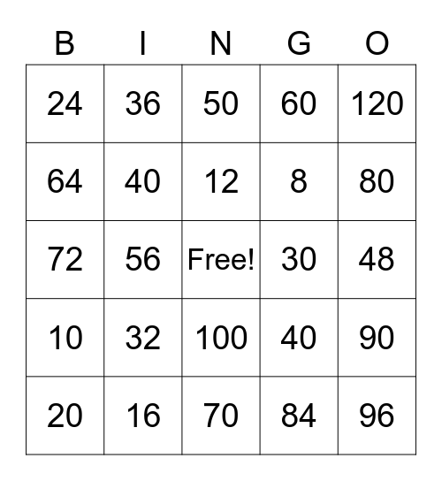 Multiplication Bingo Card