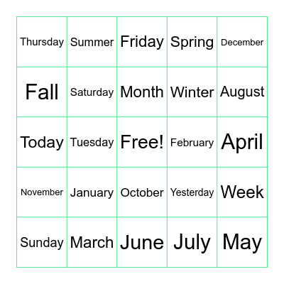 Days of Week, Months, Seasons Bingo Card