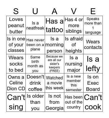 SUAVE Sister Bingo: Fill up your board and you can't use the same person twice! Bingo Card