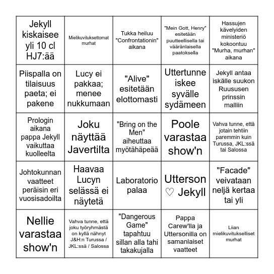 Jekyll & Hyde -bingo: LAHTI 2020 Bingo Card