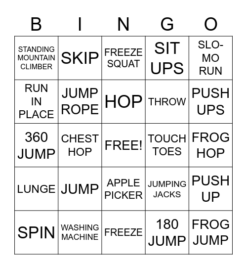 Physical Education BINGO Card