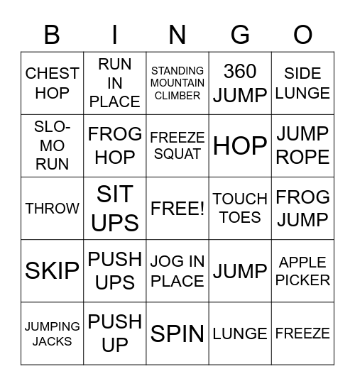 Physical Education BINGO Card