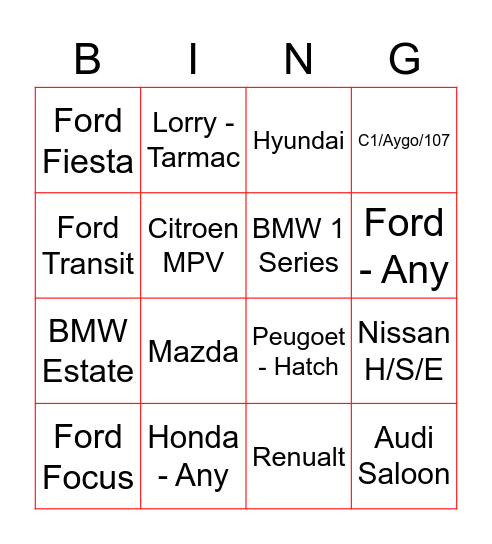 CAR! Bingo Card