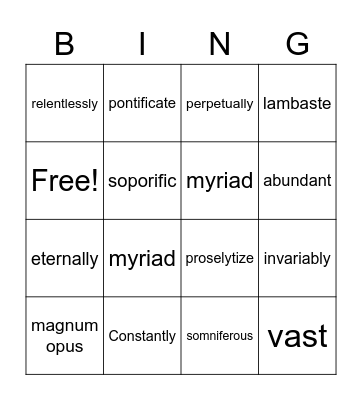 Vocabulary Bingo Card