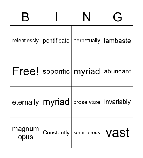 Vocabulary Bingo Card