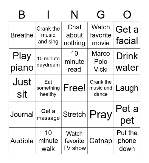 Self Care Bingo Card