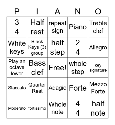 PIANO BINGO Card