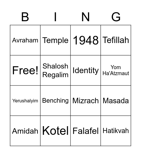 Israel Bingo Card