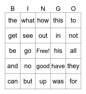 Sight Words Bingo Card