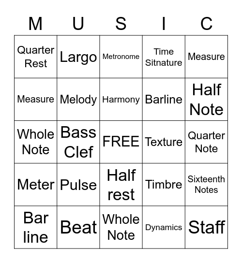 Elements of Music Bingo Card