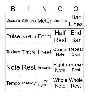 Music Terms Bingo Card