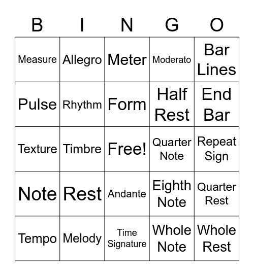 Music Terms Bingo Card