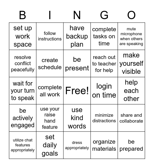 Rules for Distance Learning Bingo Card