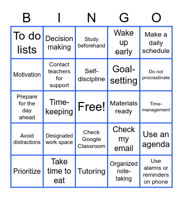 Organization Skills Bingo Card