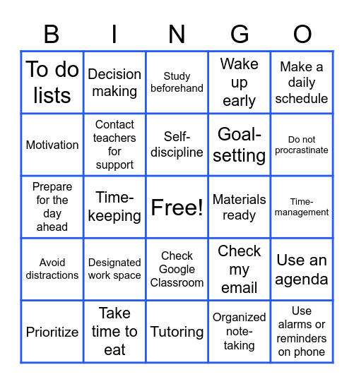 Organization Skills Bingo Card