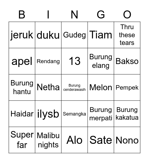 Bingo Abi. Bingo Card
