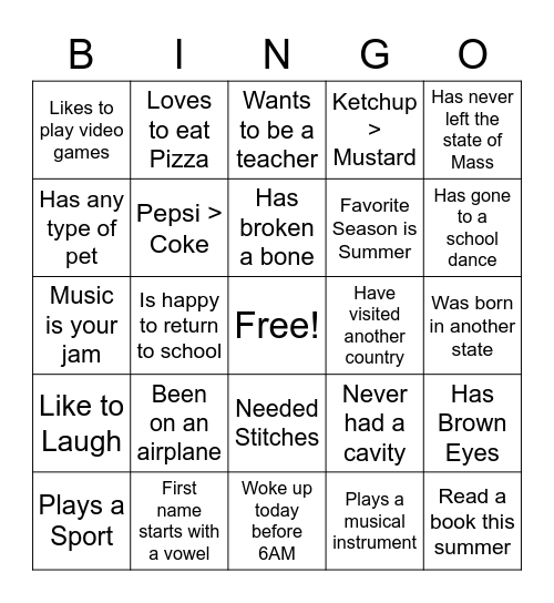 Mrs. Stanley's "Getting to Know You" BINGO! Bingo Card
