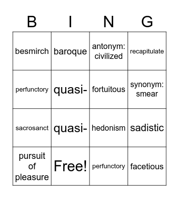 Lesson #4 Vocabulary Bingo Card