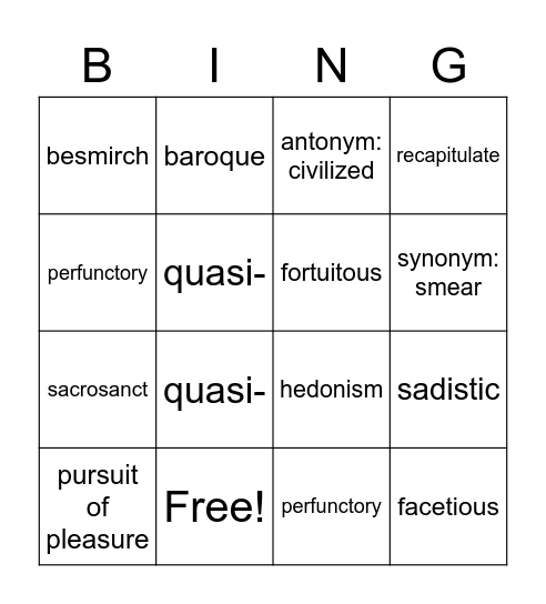 Lesson #4 Vocabulary Bingo Card