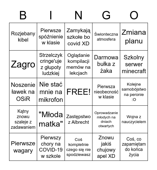 Bingo szkolne 2020-2021 Bingo Card