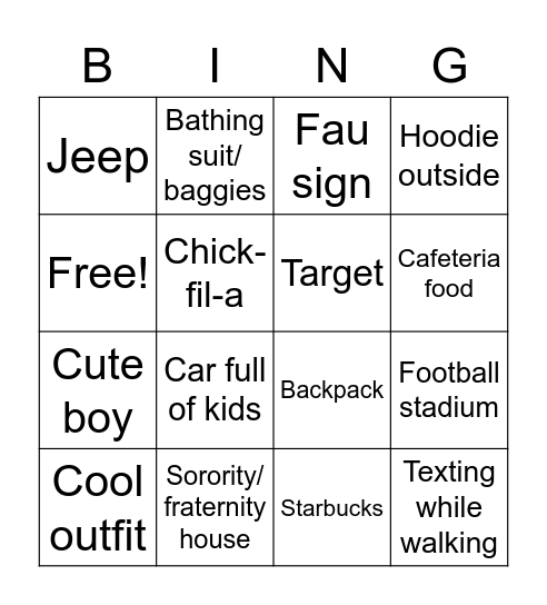 College bingo Card