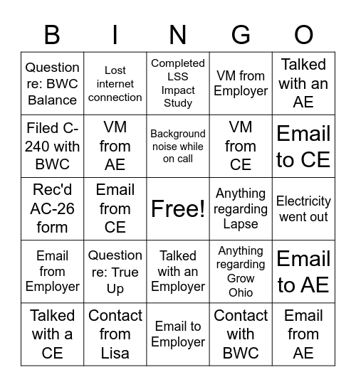 A Day in the Life Bingo Card