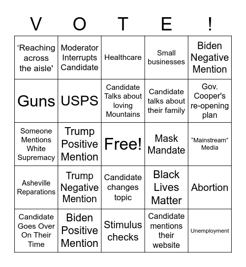 Debate Night Bingo Card