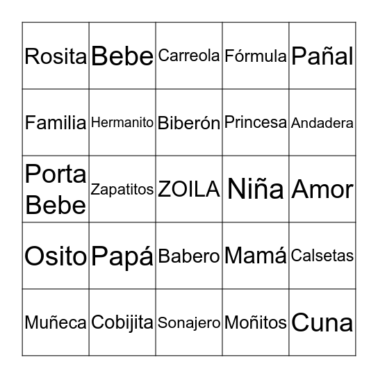 Zoila Reyna-Baby Shower Bingo Card