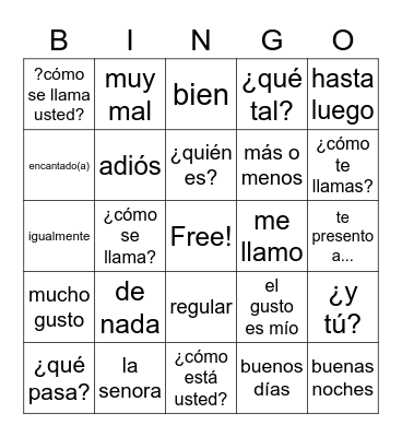 Spanish Bingo Card
