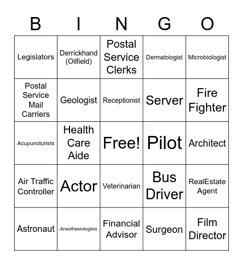 Occupation Bingo Card